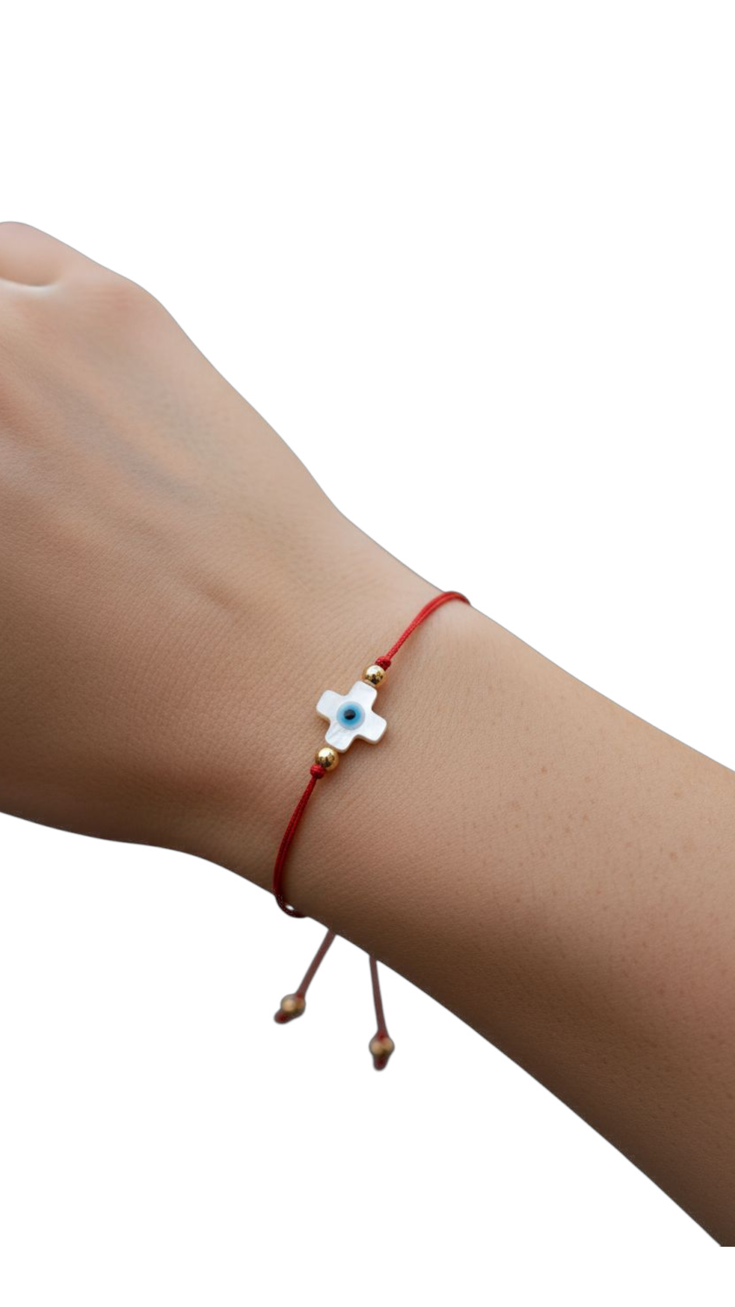 Pulsera de hilo rojo con ojito turco cruz madre perla BIMETAL
