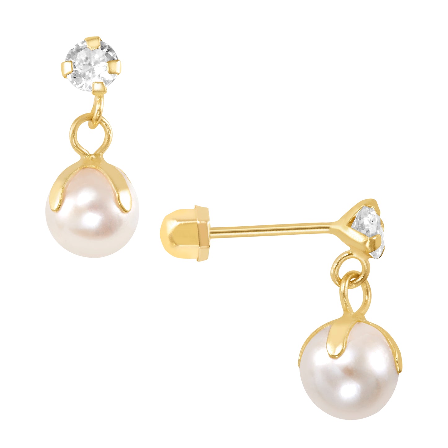 Par de Broquel perla colgante con zirconia oro 10k DORADO