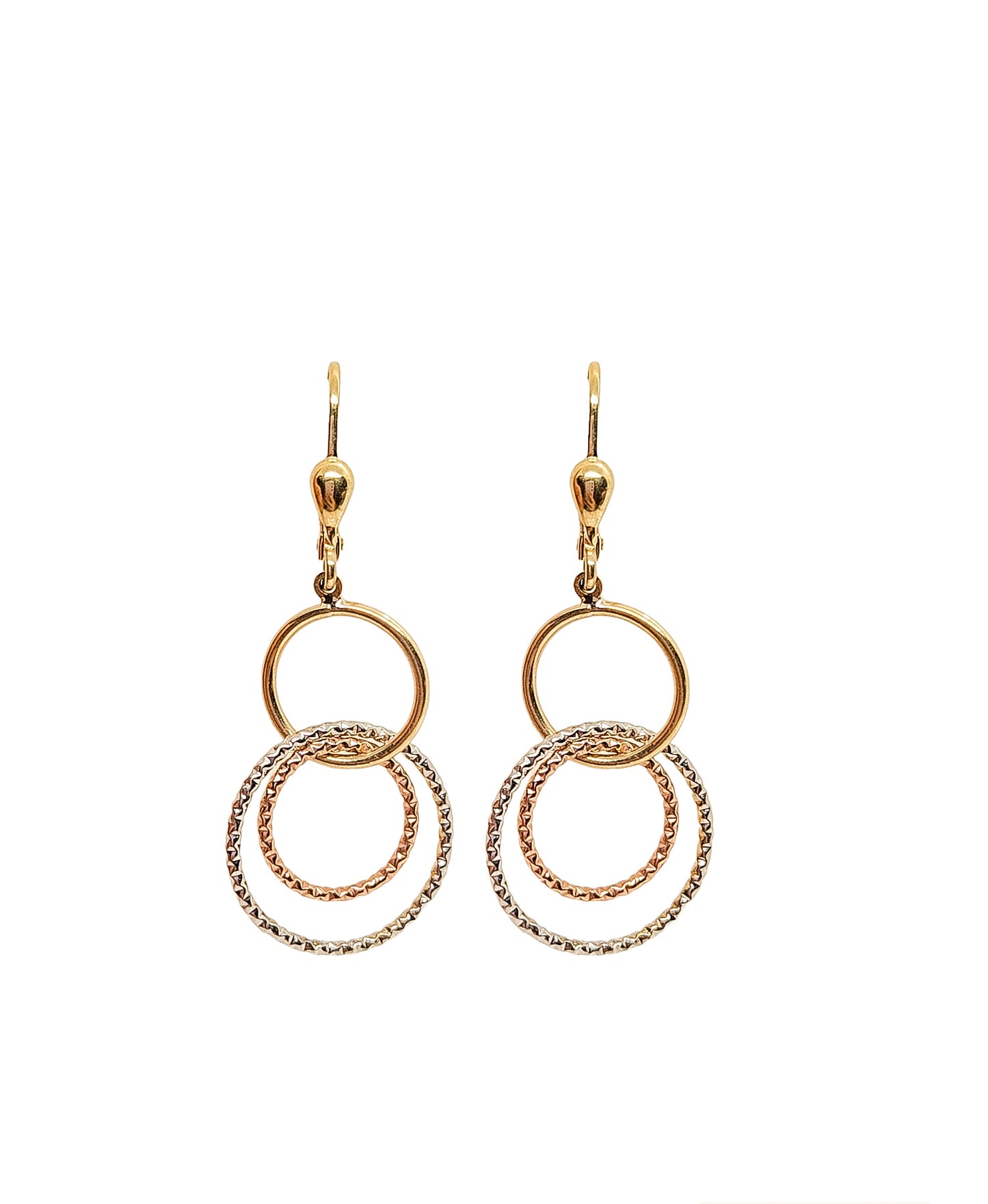 Aretes largos con círculos 3 oros, oro 10k