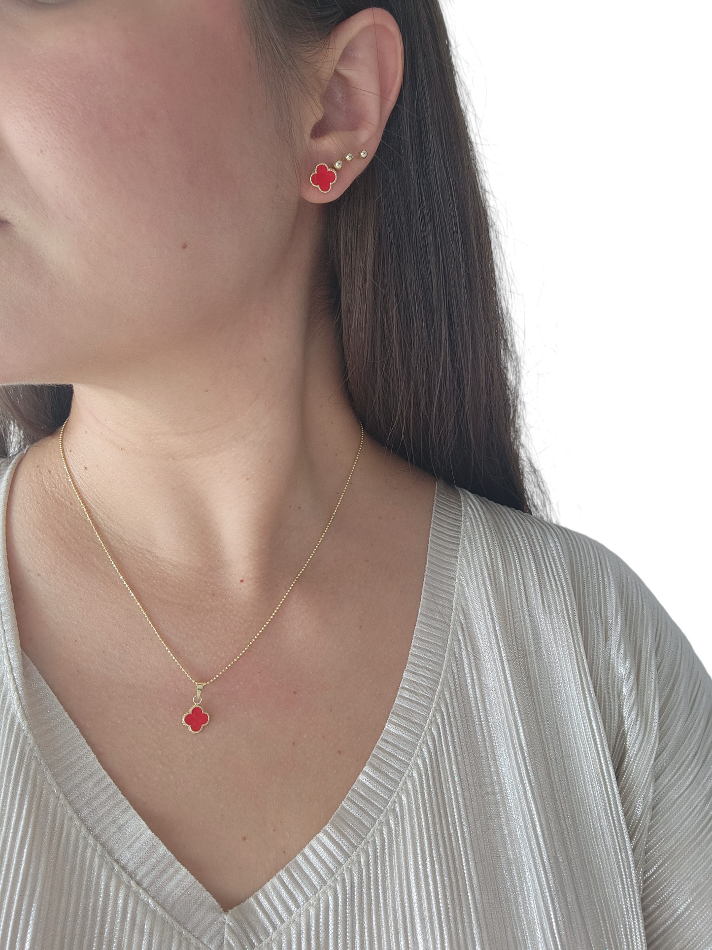 Par de Broquel trébol esmalte rojo CHICO y GRANDE oro de 10k DORADO