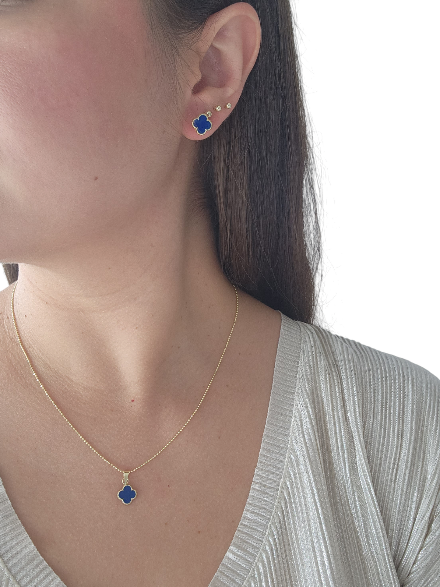 Par de Broquel trébol esmalte azul CHICO y GRANDE oro de 10k DORADO