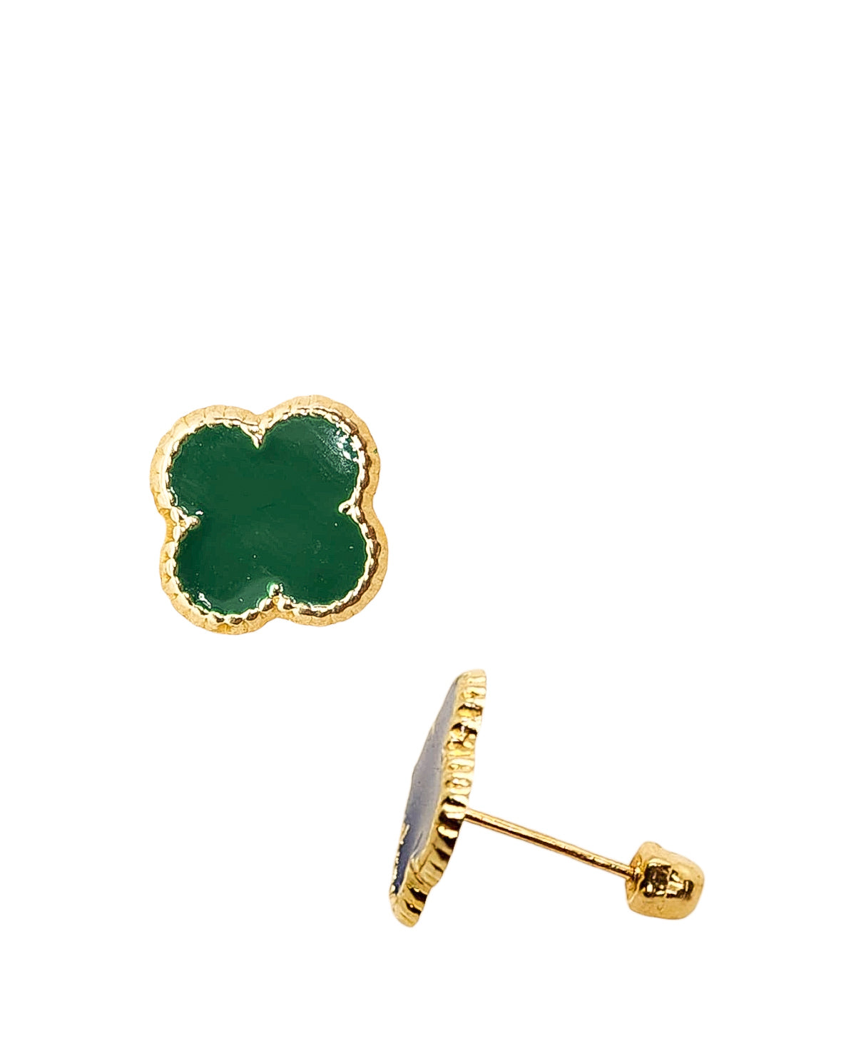 Par de Broquel trébol CHICO y GRANDE esmalte verde oro de 10k DORADO