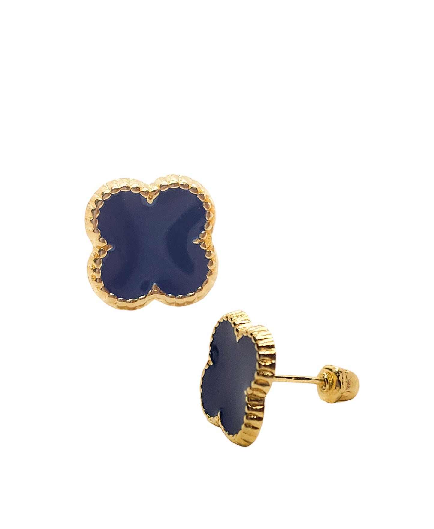 Par de Broquel trébol esmalte azul CHICO y GRANDE oro de 10k DORADO