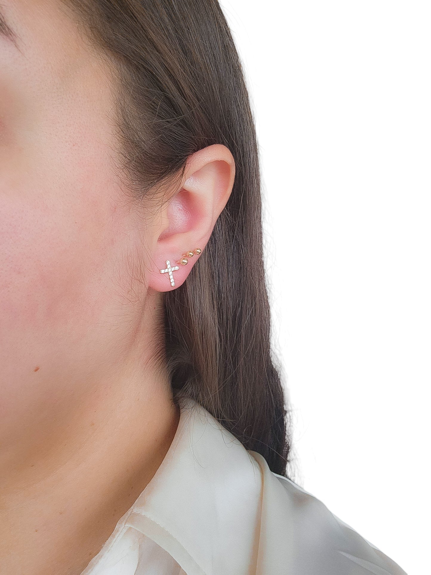 Aretes cruz con piedras blancas oro 10k