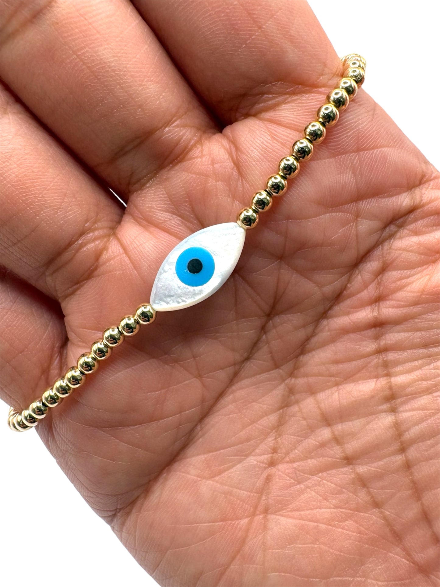 Pulsera ojito turco madre perla bola BIMETAL 3mm (PLATA Y ORO)
