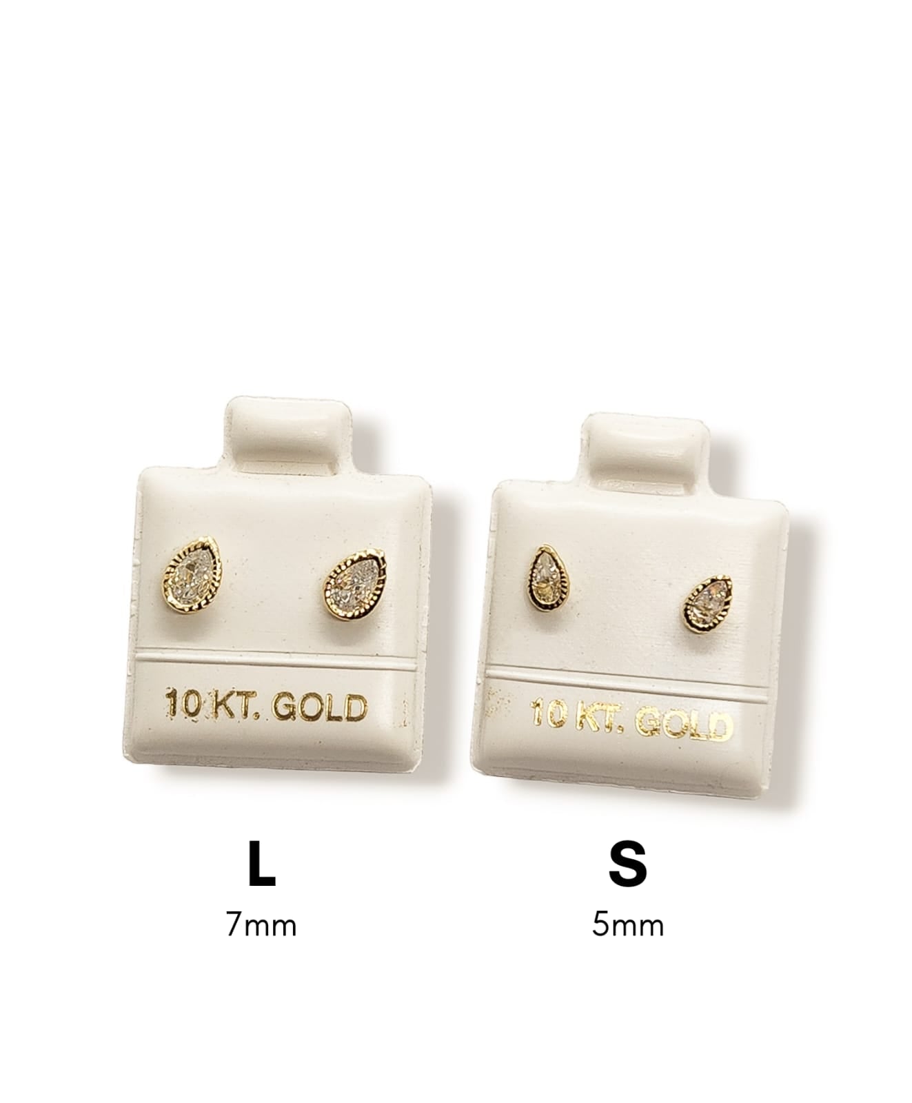 Par de Broquel de gota con bisel facetado y piedra blanca chico y grande oro 10k