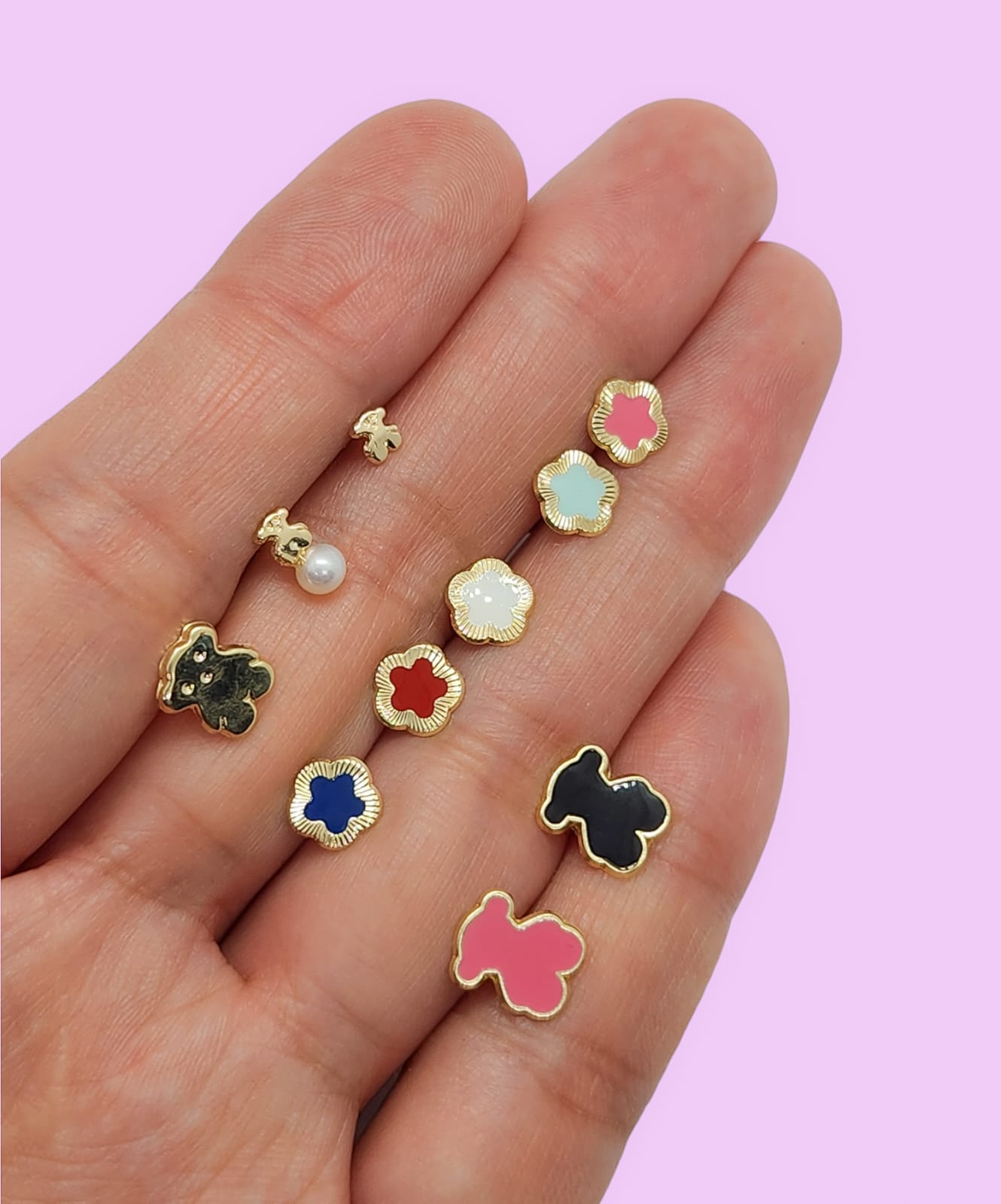 Par o Pieza de Broquel Osito Grande Rosa Esmalte Oro 10k DORADO