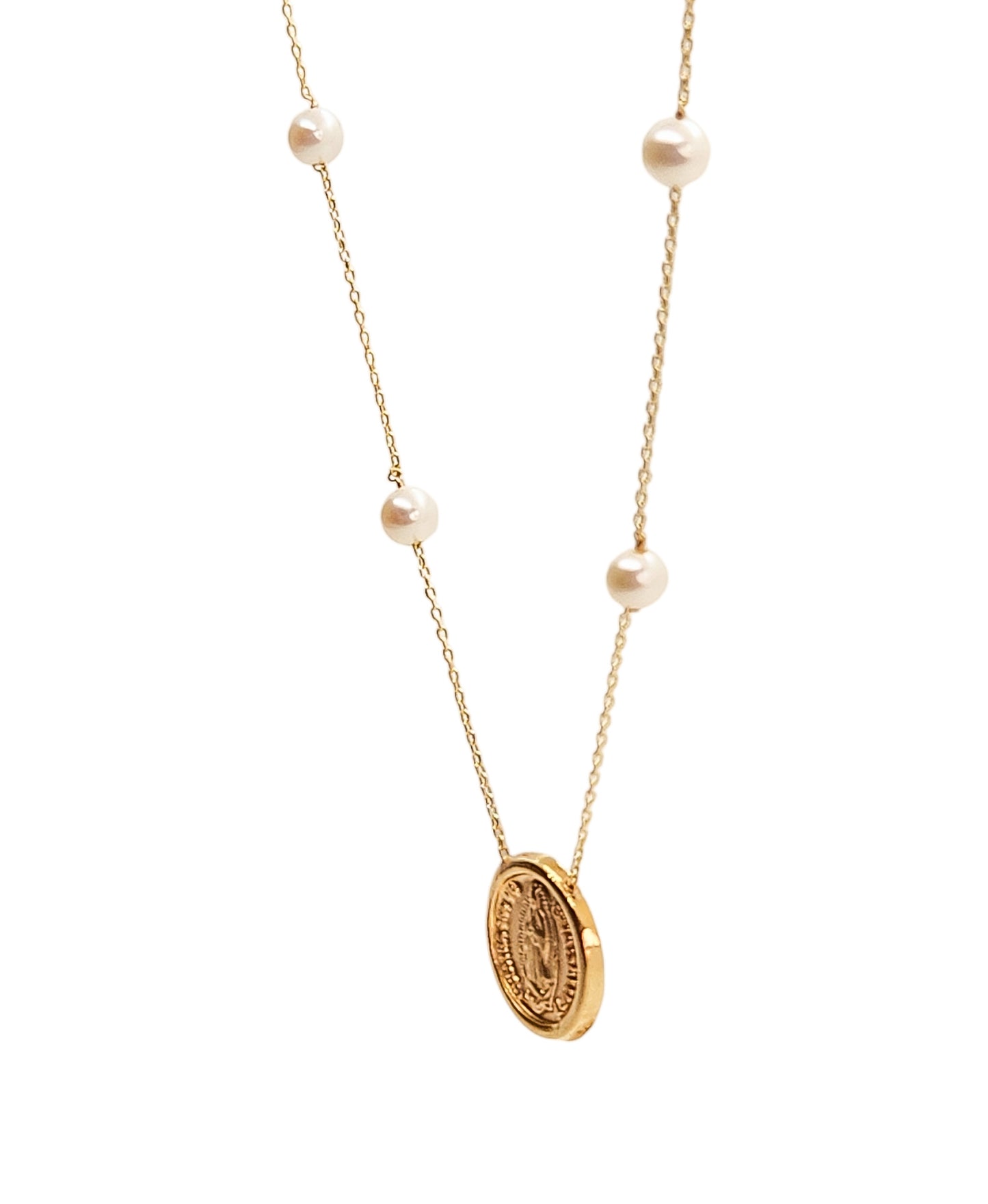 Gargantilla con medalla de la virgen y perla natural oro 10k