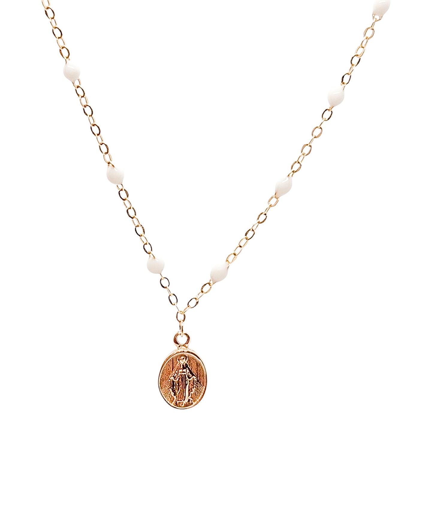 Gargantilla esmalte blanco con medalla virgen oro 10k