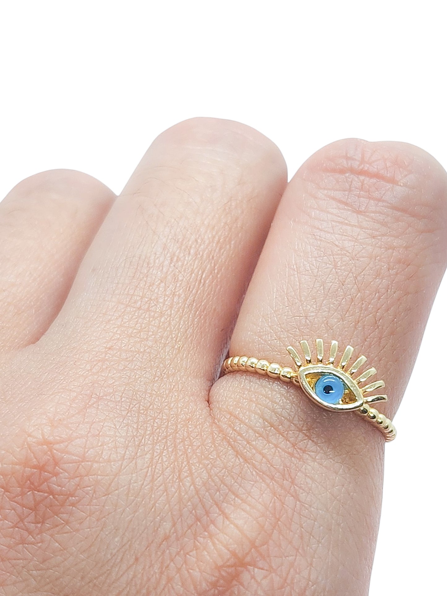Anillo ojo turco bolitas azul oro 10k