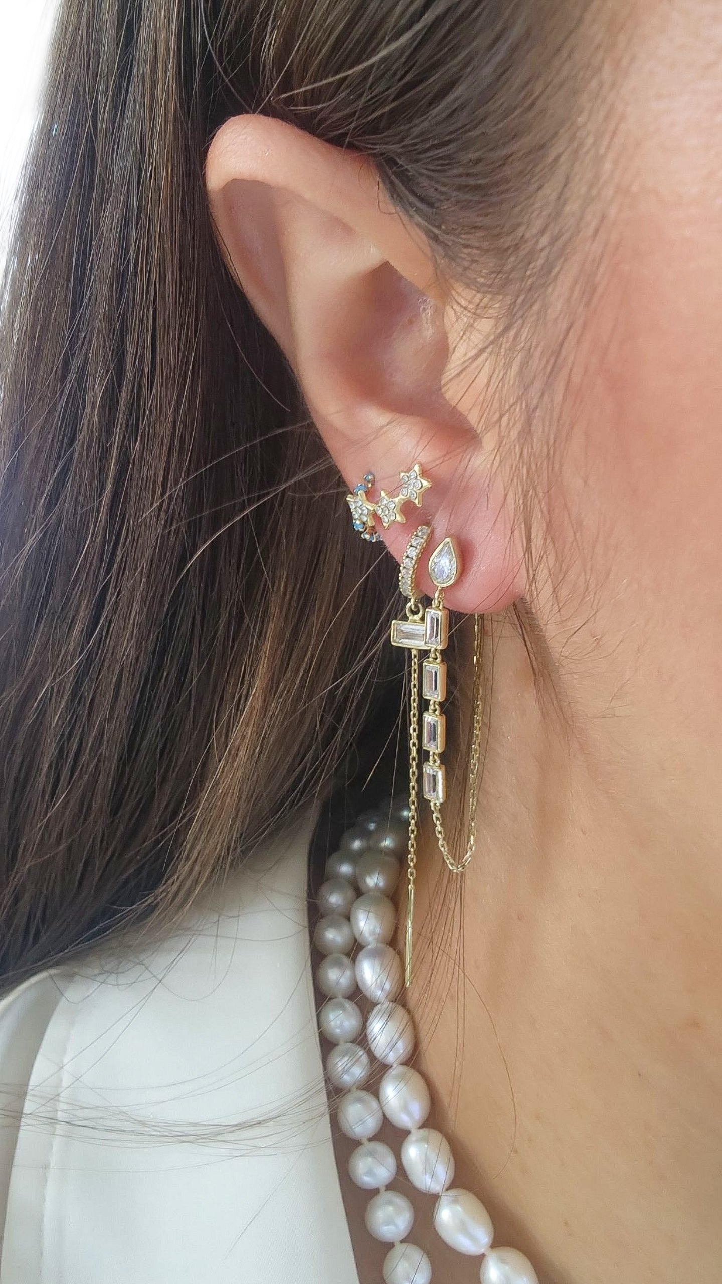 Par o Pieza de arete gota con cadena y piedras Oro de 10k DORADO