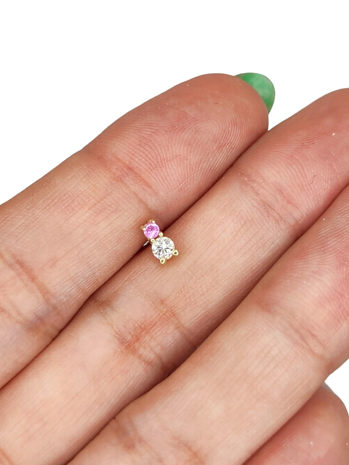 Aretes tu y yo rosa de Francia natural y diamante de laboratorio oro 10k