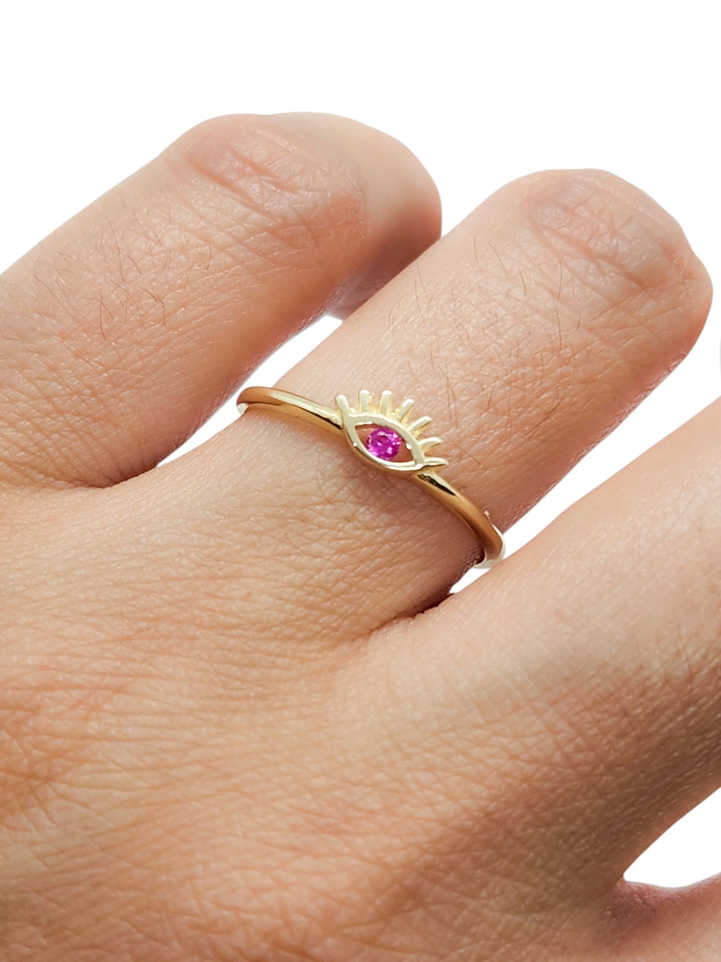 Anillo ojito turco rosa fiucsa en oro 10k