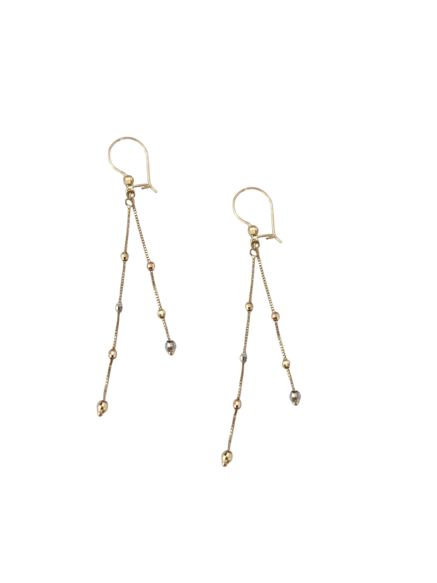 Aretes largos 3 oros con bolitas oro 10k