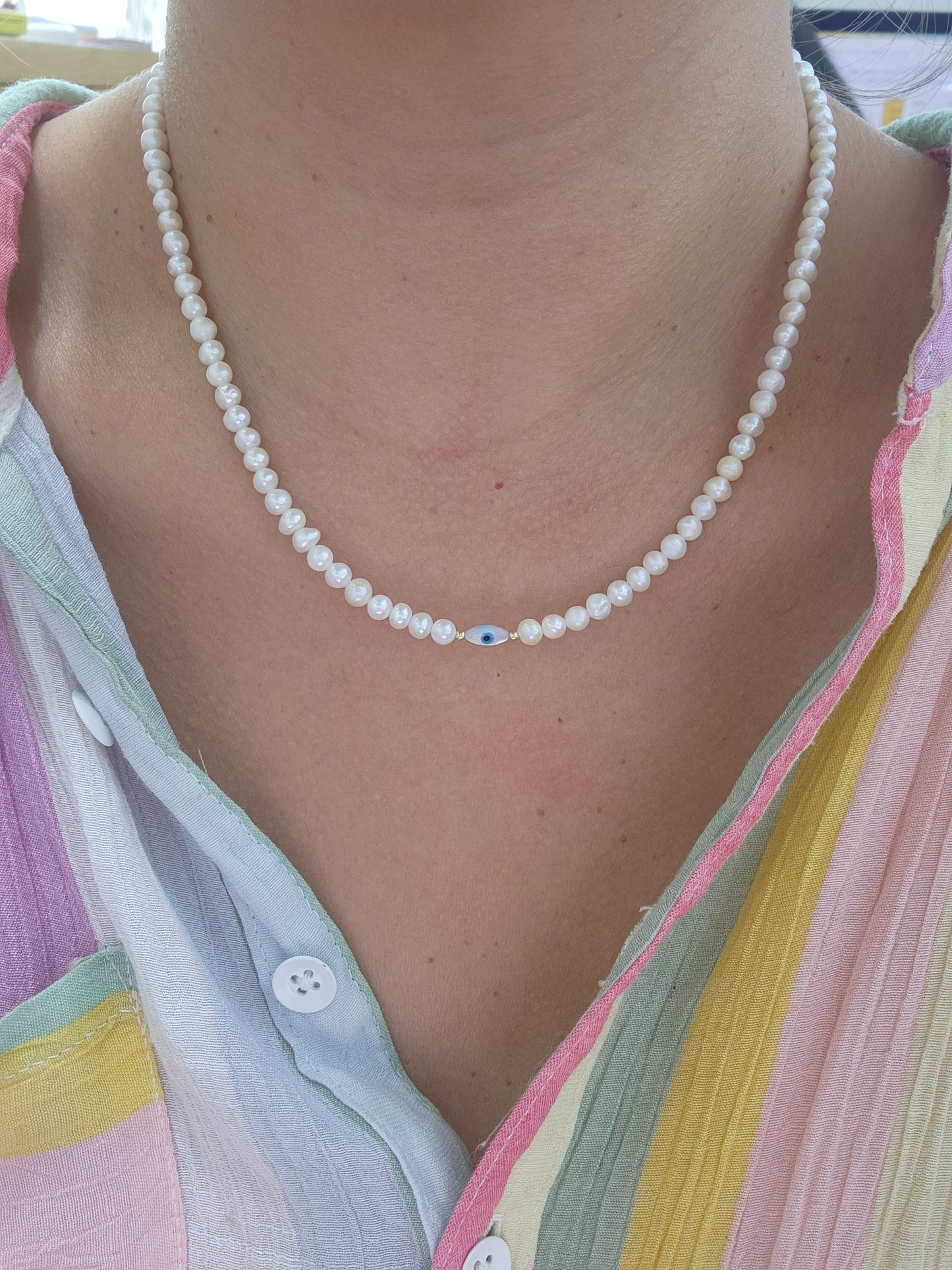 Collar de perlas y bimetal "ojo turco mini"
