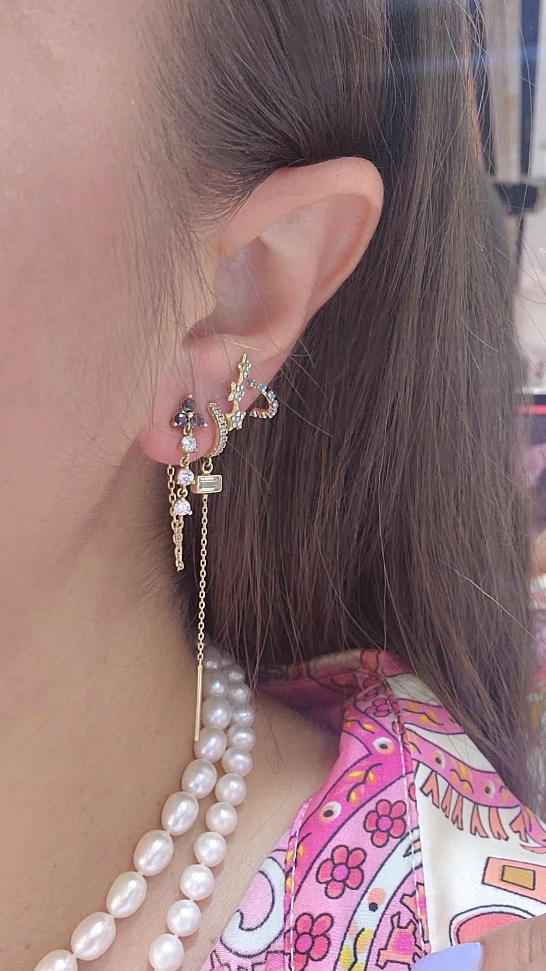Par o Pieza de arete trébol negro con cadena y piedras Oro de 10k DORADO