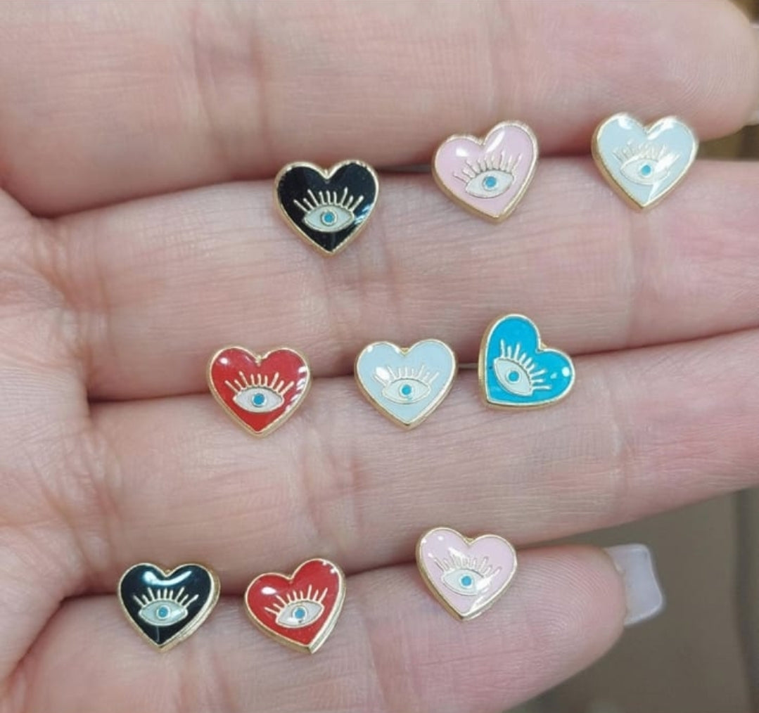 Par o Pieza de Broquel corazón ojo turco esmalte negro Oro de 10k DORADO