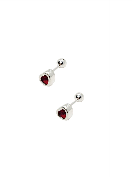 Par de Broquel corazón bisel rojo plata 925 4mm