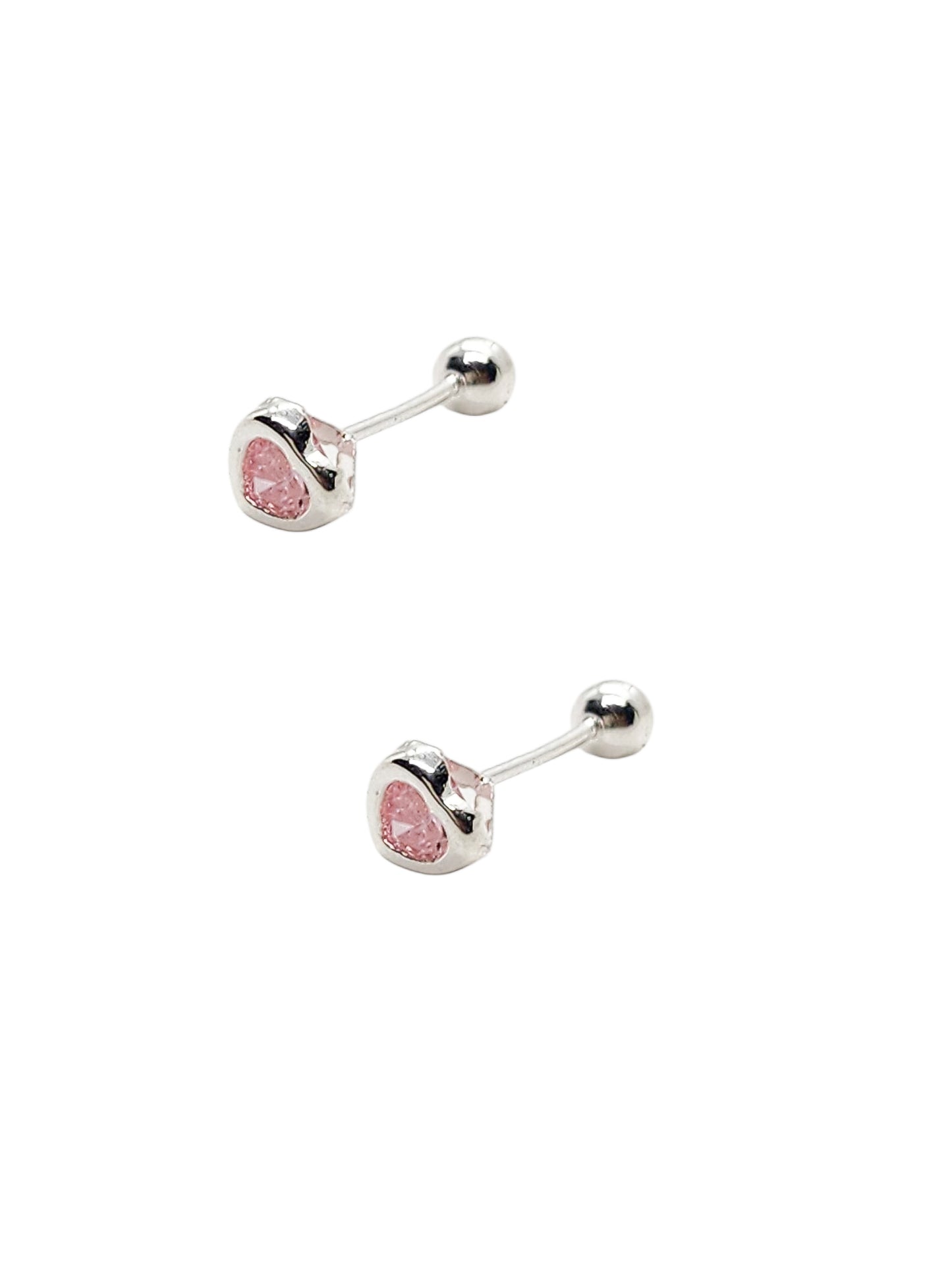 Par de broqueles biselados corazón rosa plata 925