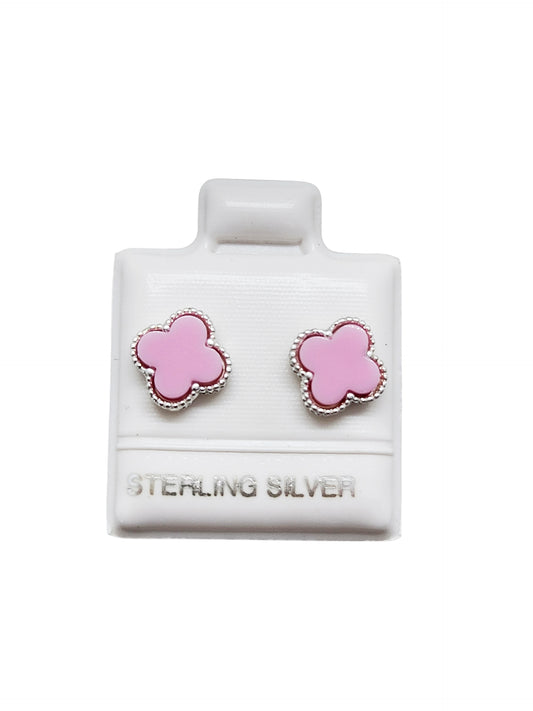 Pendiente trébol color rosa Plata 925