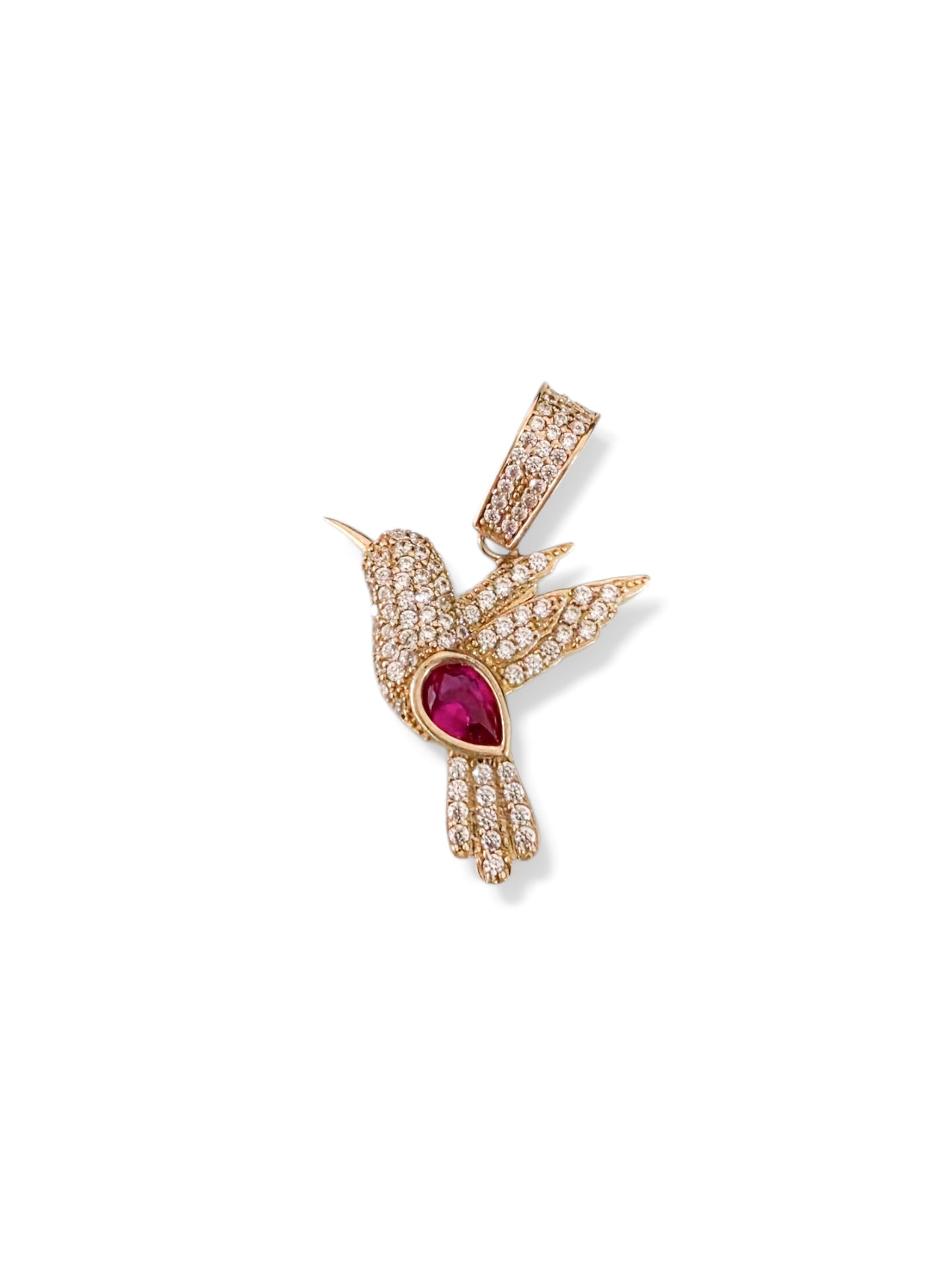 Dije Colibri de piedras fiucsa oro 10k