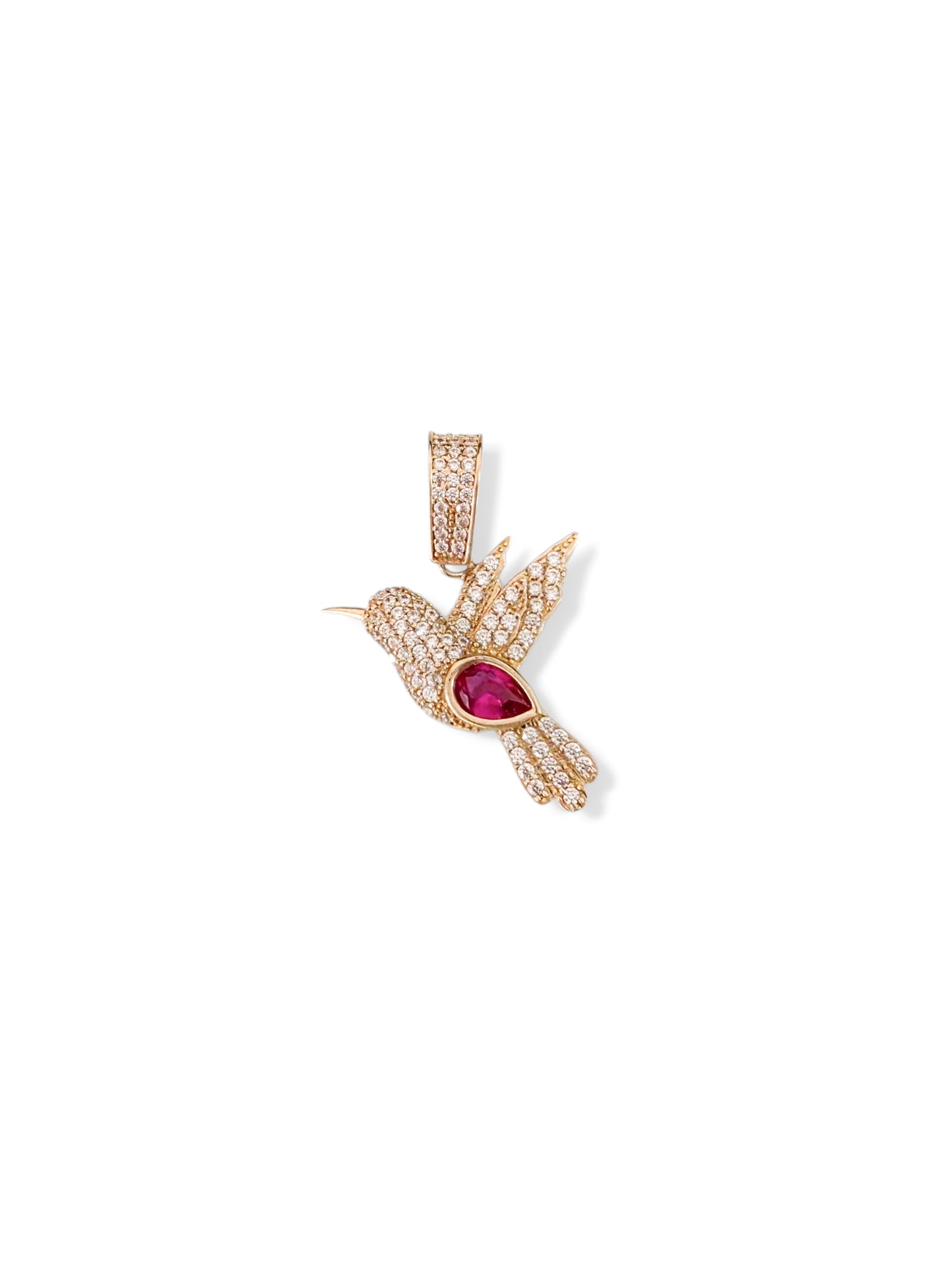 Dije Colibri de piedras fiucsa oro 10k
