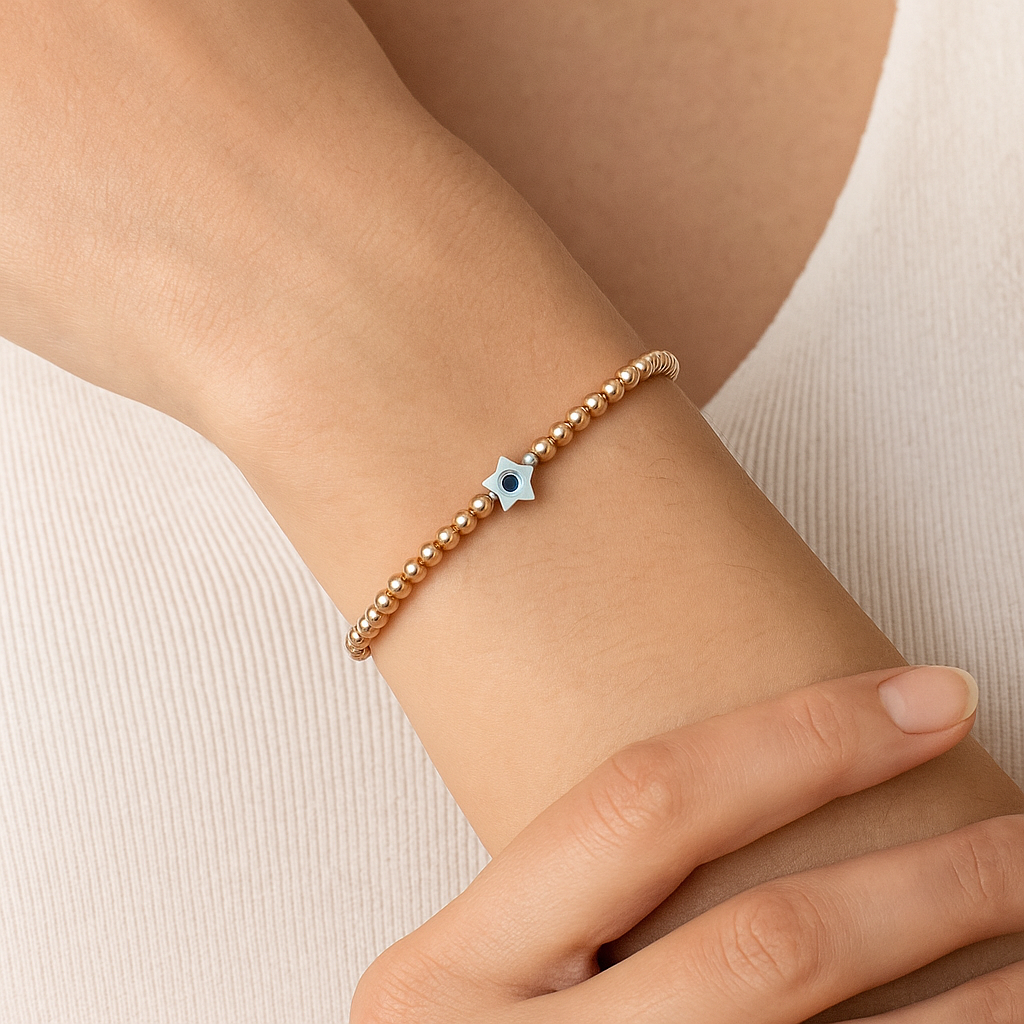 Pulsera ojito turco madre perla estrella bola BIMETAL 3mm (PLATA Y ORO)
