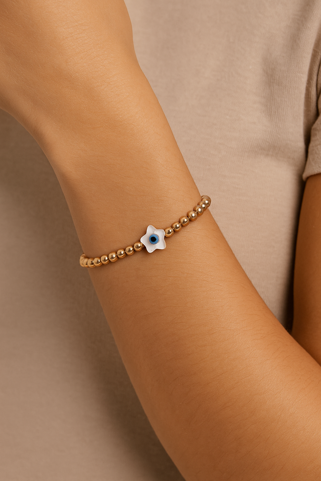 Pulsera ojito turco madre perla estrella bola BIMETAL 3mm (PLATA Y ORO)