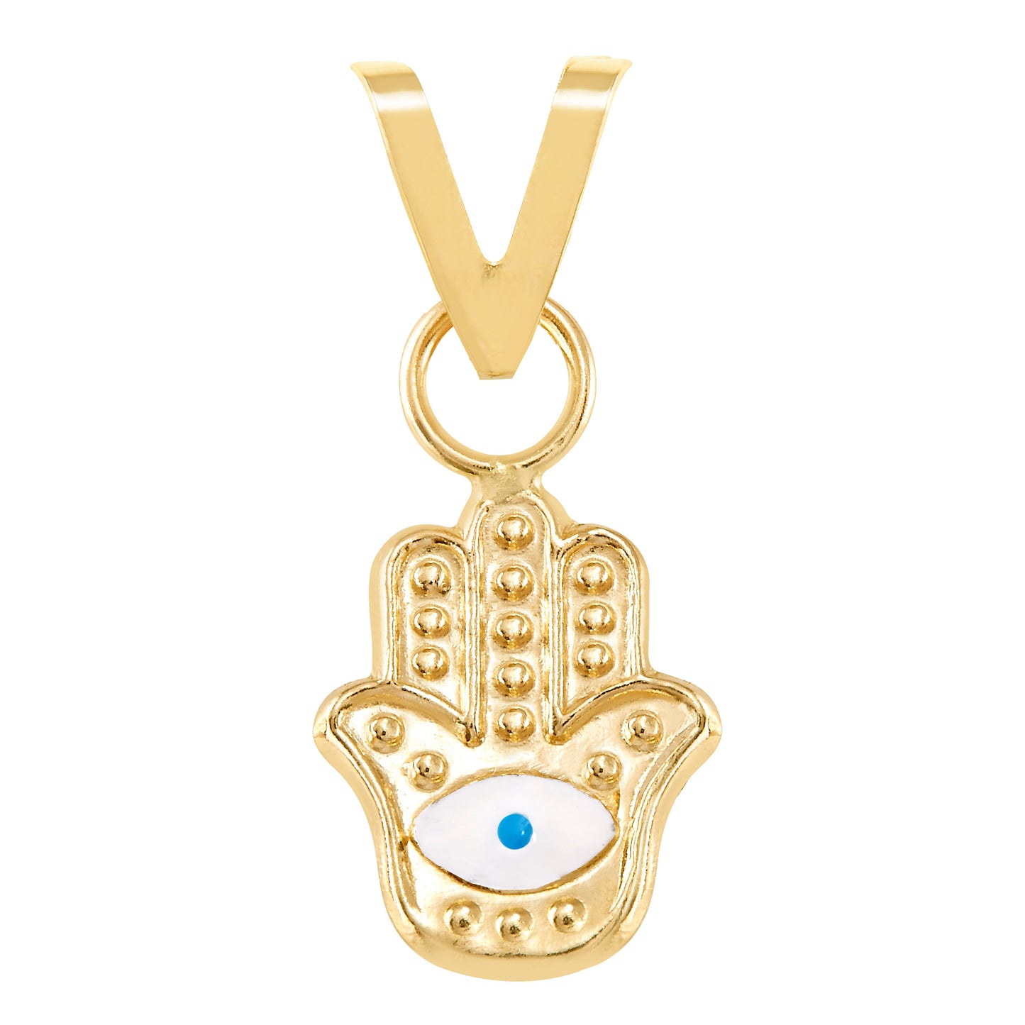 Dije mano de Fátima con ojo turco esmalte oro 10k