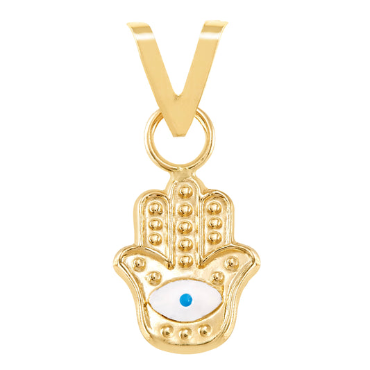 Dije mano de Fátima con ojo turco esmalte oro 10k