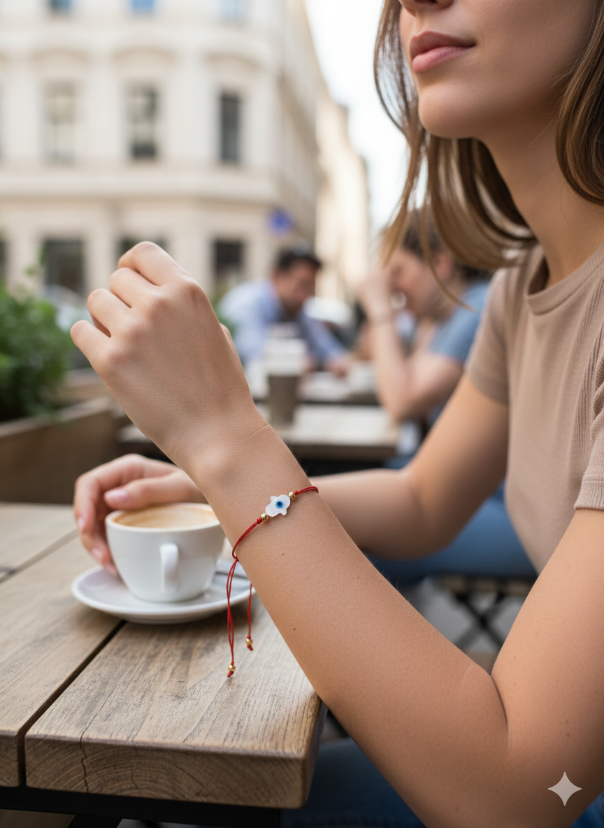 Pulsera de hilo rojo con ojito turco mano de Fatima madre perla BIMETAL