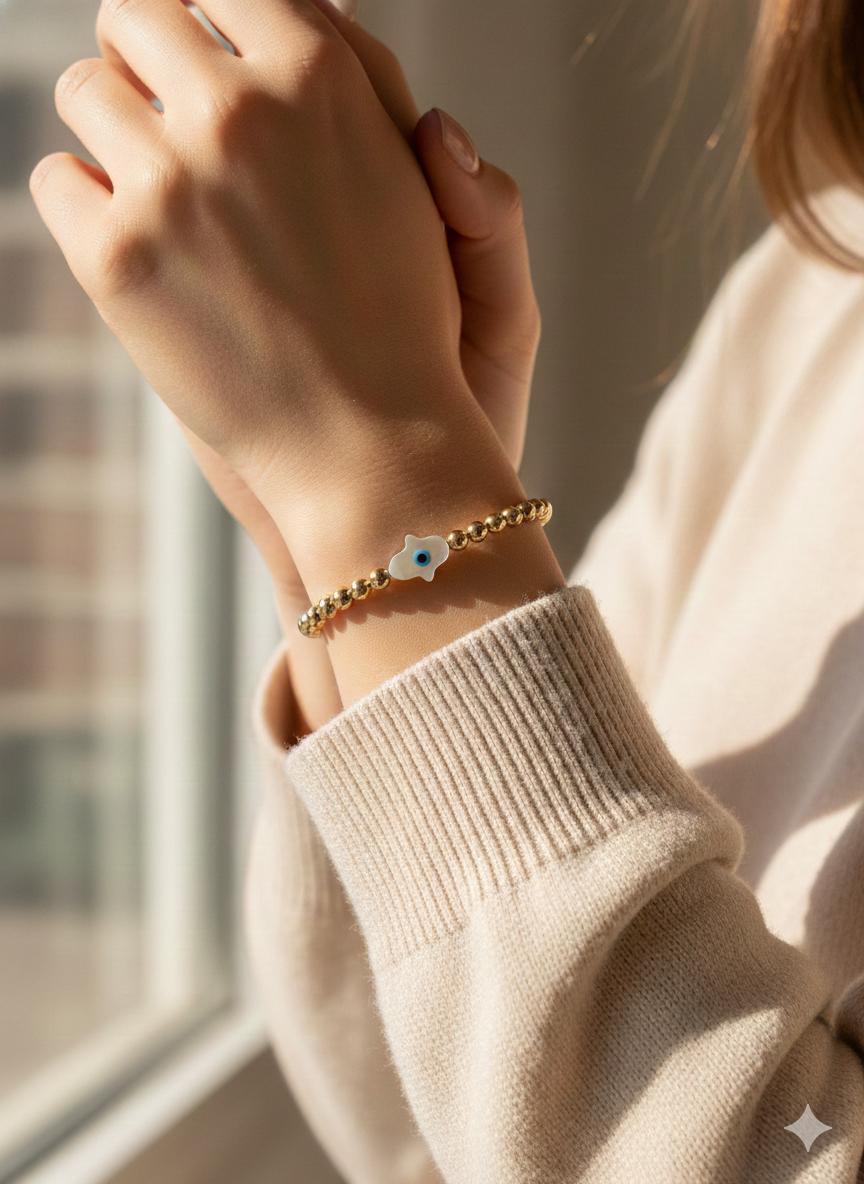Pulsera ojito turco madre perla mano de Fatima bola BIMETAL 3mm (PLATA Y ORO)
