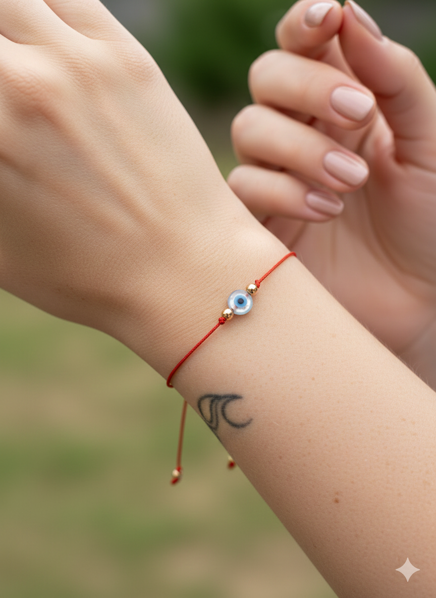 Pulsera de hilo rojo con ojito turco madre perla BIMETAL