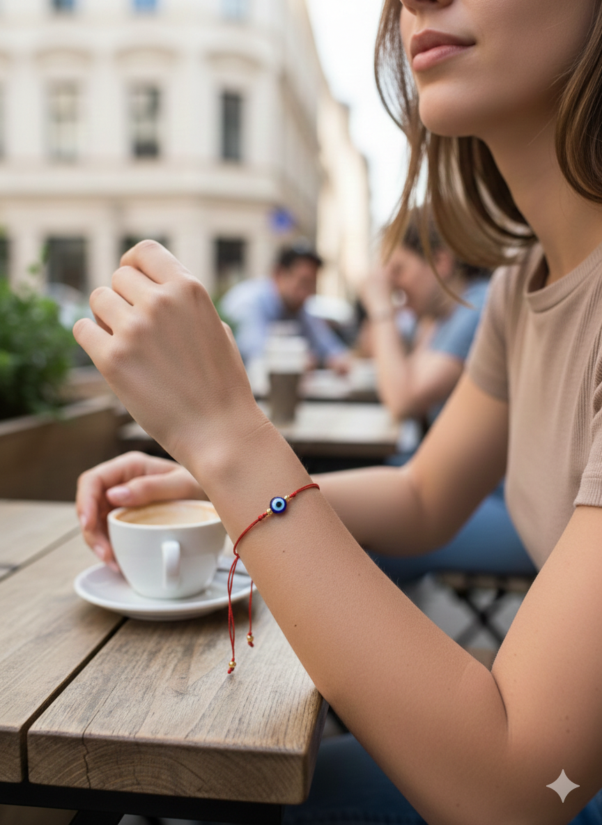Pulsera de hilo rojo con ojito turco azul BIMETAL