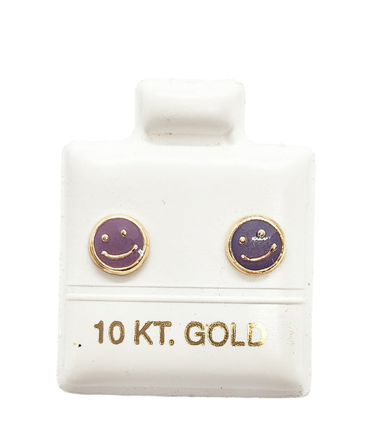 Par o Pieza de Broquel Happy Face Esmalte Morado Oro 10k DORADO