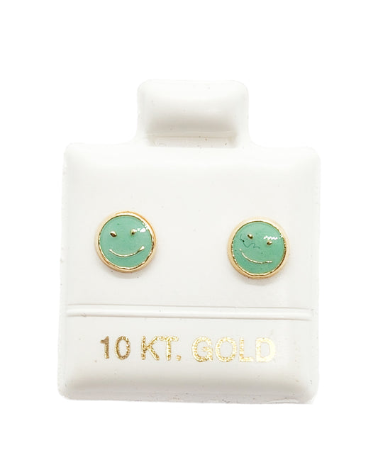 Par o Pieza de Broquel Happy Face Esmalte Verde Menta Oro 10k DORADO