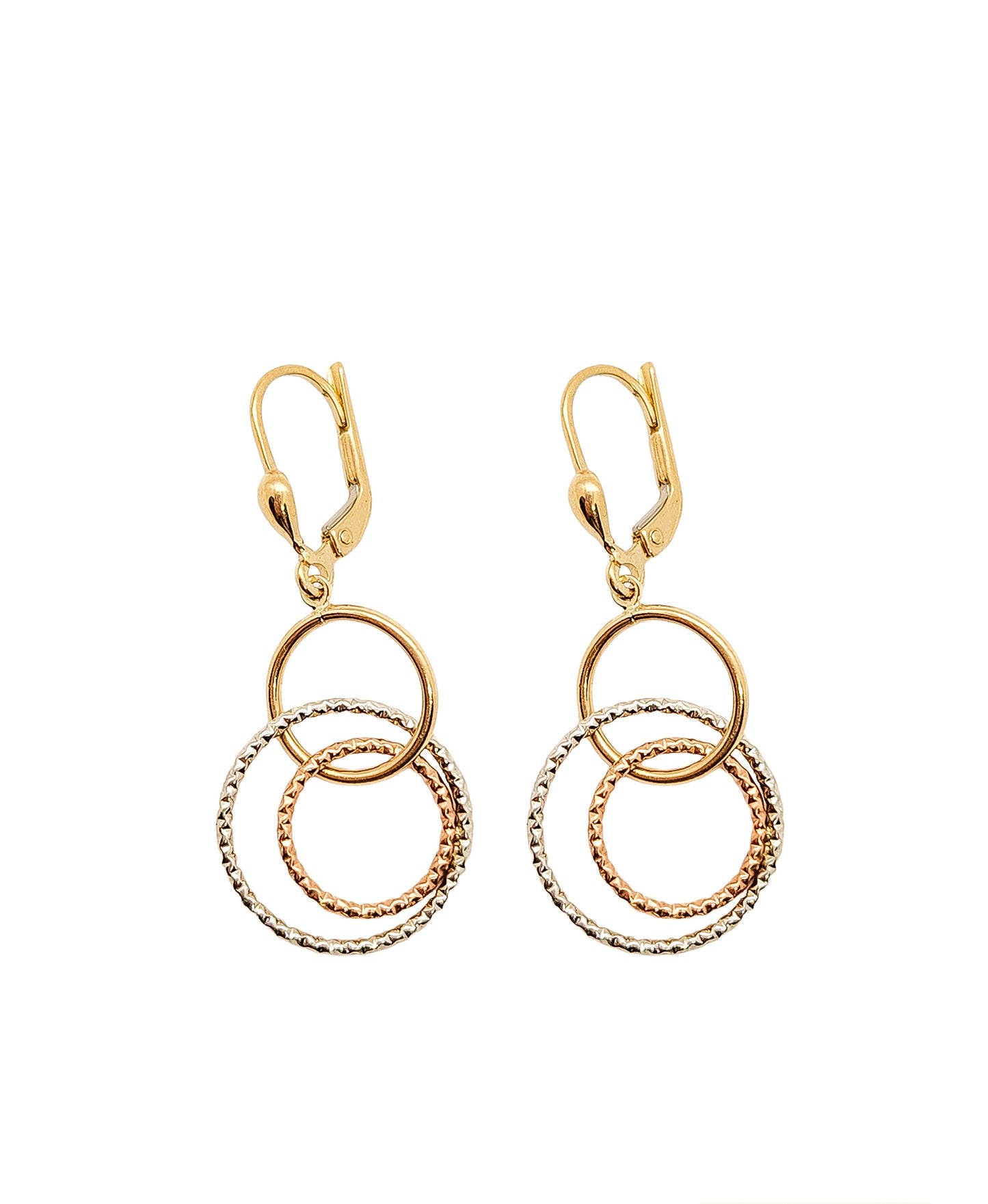 Aretes largos con círculos 3 oros, oro 10k