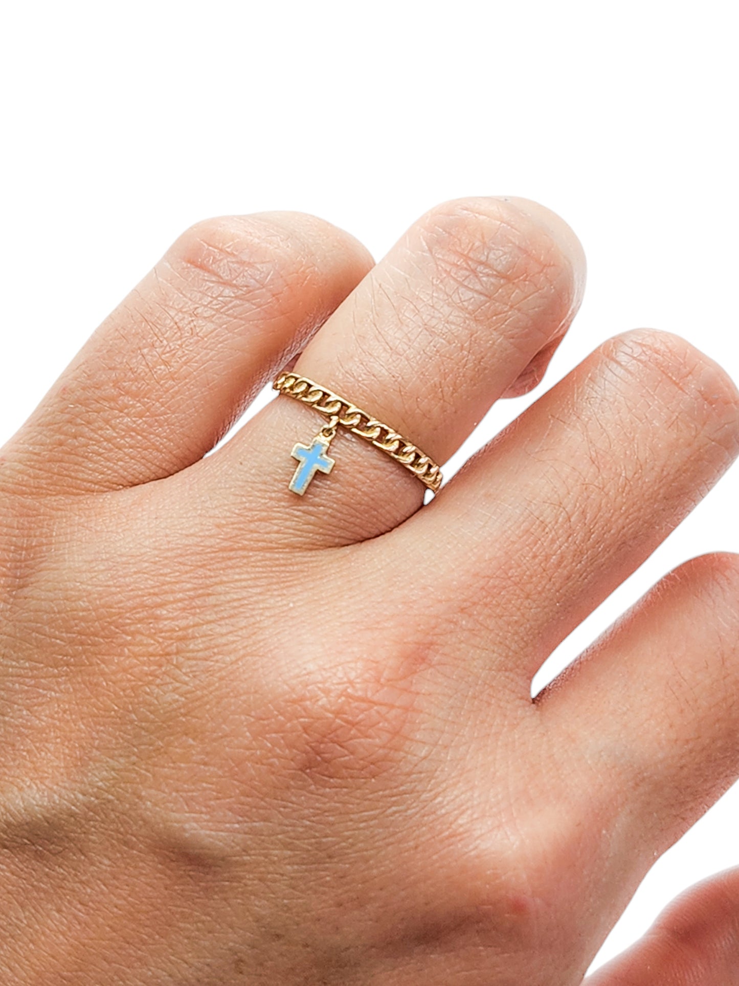 Anillo con charm cruz esmalte azul oro 10k