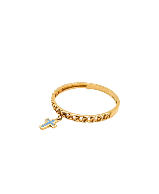 Anillo con charm cruz esmalte azul oro 10k
