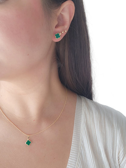 Par de Broquel trébol CHICO y GRANDE esmalte verde oro de 10k DORADO