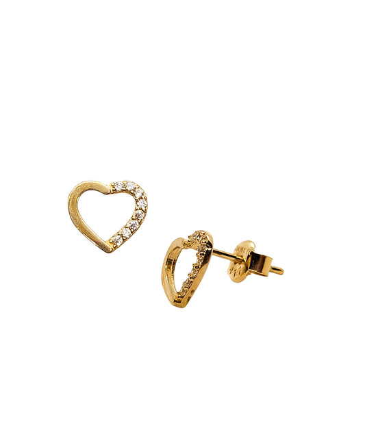 Aretes corazón contorno con piedras blancas incrustradas oro 10k