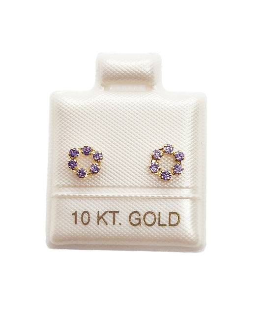 Par de Broqueles roseta sencilla con piedra lila oro 10k DORADO