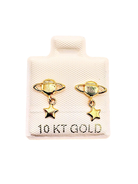 Par o pieza broquel Saturno con estrella colgante Oro 10K