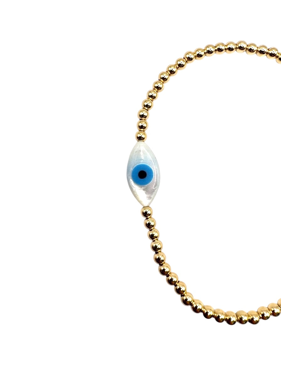 Pulsera ojito turco madre perla bola BIMETAL 3mm (PLATA Y ORO)