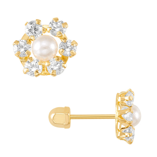 Par o Pieza de Broquel Roseta Perla con Zirconia Blanca Oro 10k DORADO