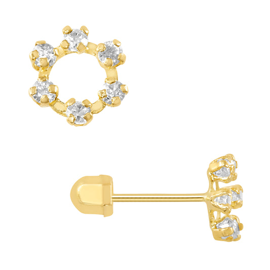 Par de Broqueles roseta sencilla con piedra blanca oro 10k DORADO