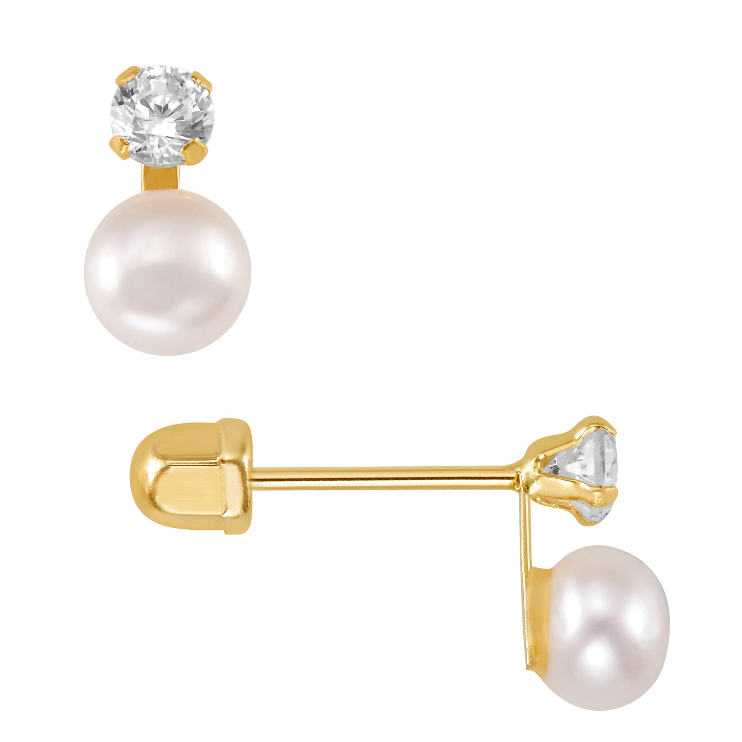 Par de Broquel "tu y yo" perla blanca natural con zirconia oro 10k DORADO