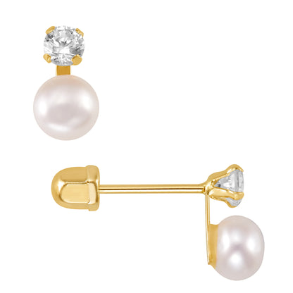 Par o Pieza de Broquel "Tu y Yo" Perla Blanca Natural con Zirconia Oro 10k DORADO
