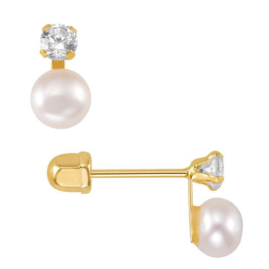 Par de Broquel "tu y yo" perla blanca natural con zirconia oro 10k DORADO