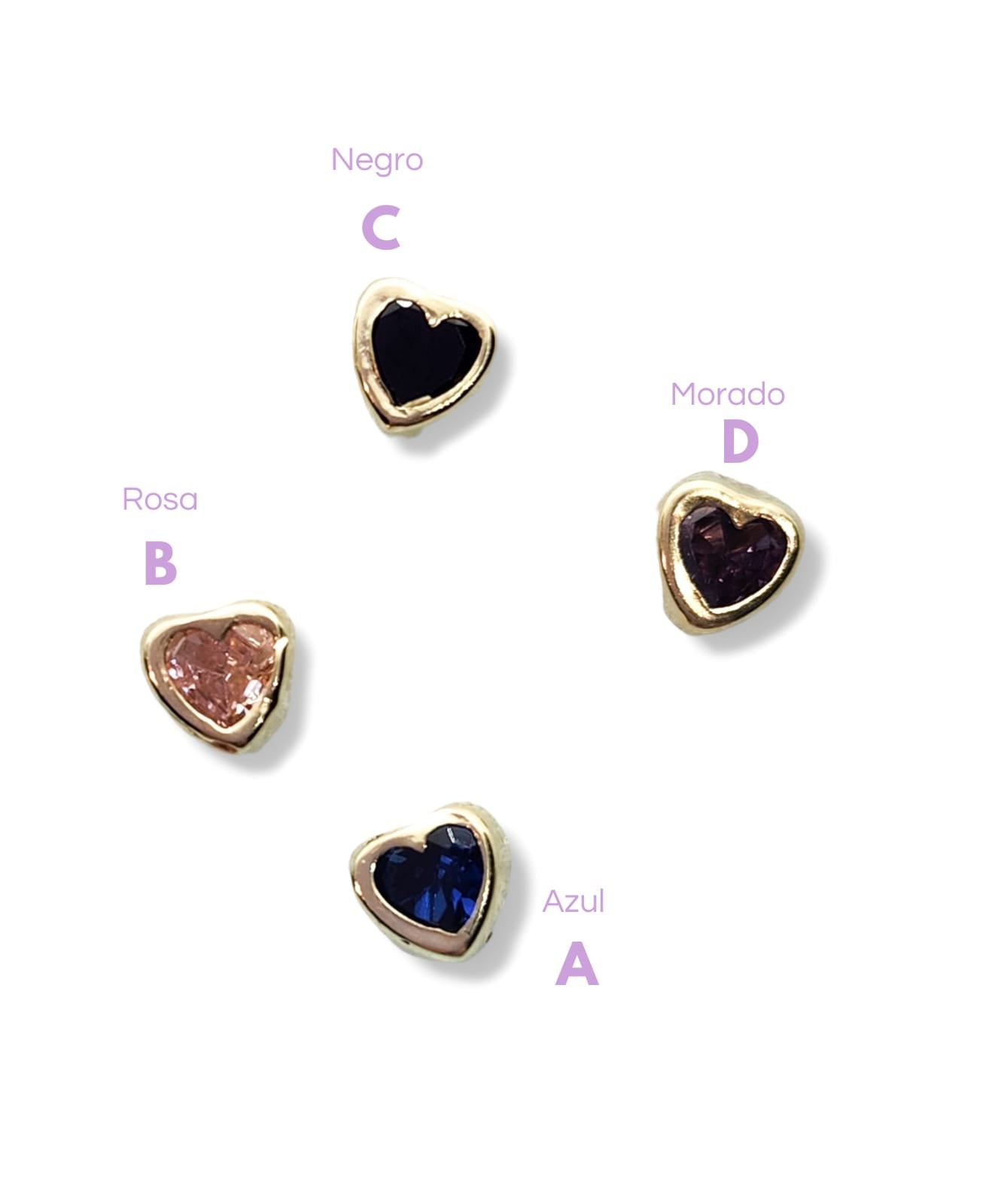 Par de Broquel bisel corazón rosa negro azul morado oro 10k